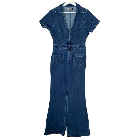 BLUE BLUSH Denim Jumpsuit Wide Leg Short Sleeve Zip Up V-Neck Pockets Women L - Picture 1 of 16